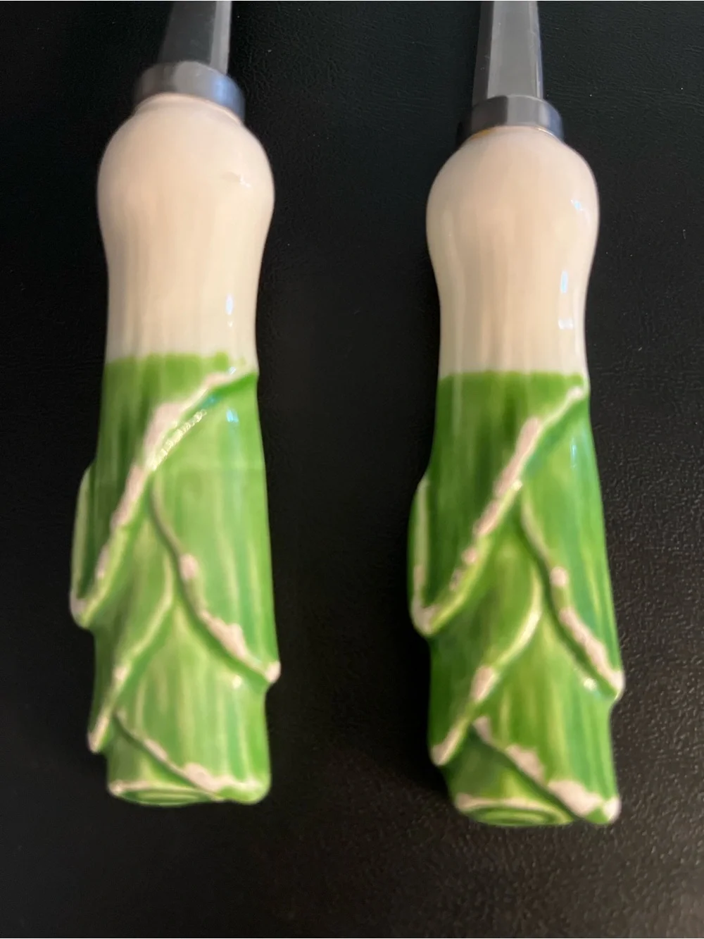 Vintage Shafford Set of salad serving spoon and fork with green ceramic handles